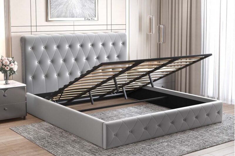 É Lit Coffre Corsica En Gris Velours