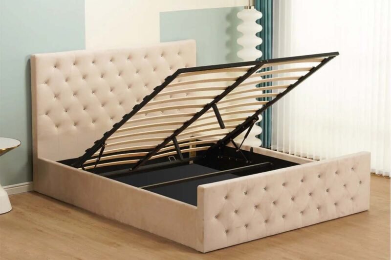 Lit coffre VICTORIA beige Velours avec diamant