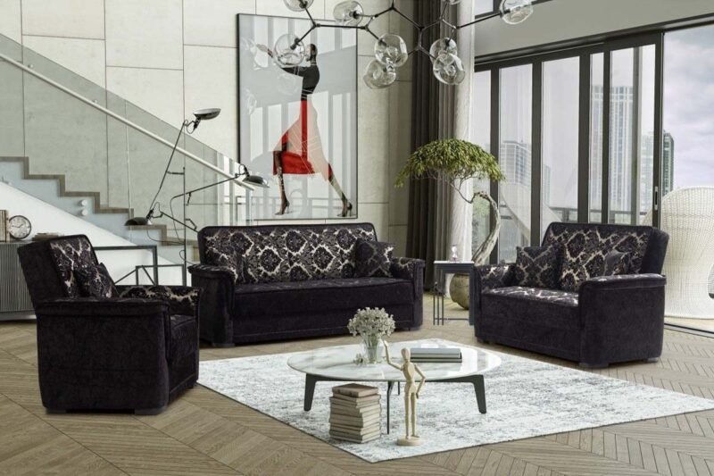 CANAPE SALON MEGA VELOUR NOIR 3+2+1