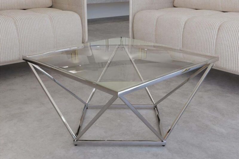 Table basse design en verre transparent et métal argenté BONIE